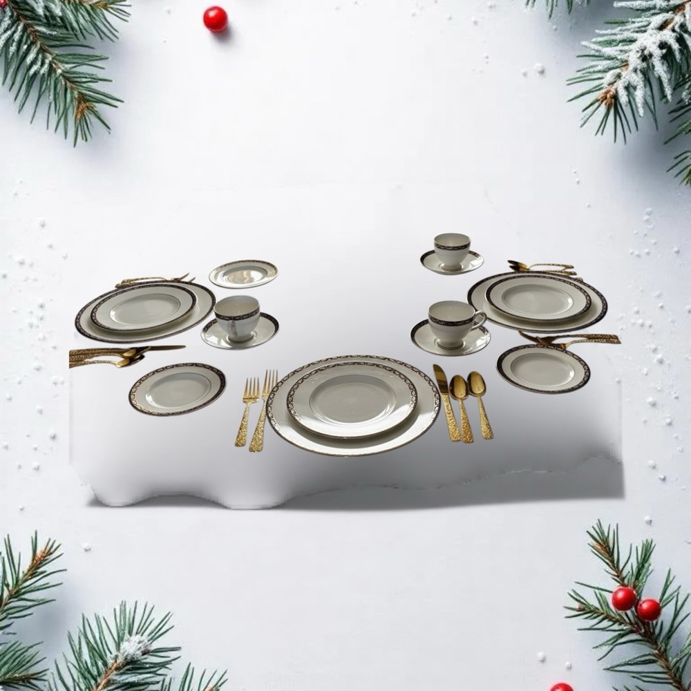 Wedgwood Elegant White Dinnerware with Gold and Blue Trim. Ten place settings